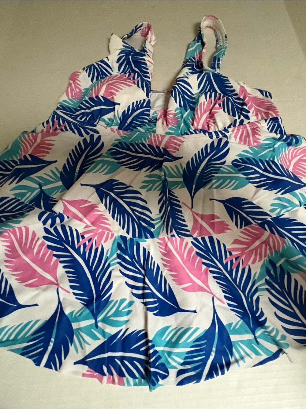 Women’s White Swim Coverup with Blue, Pink & Teal Leaf Print